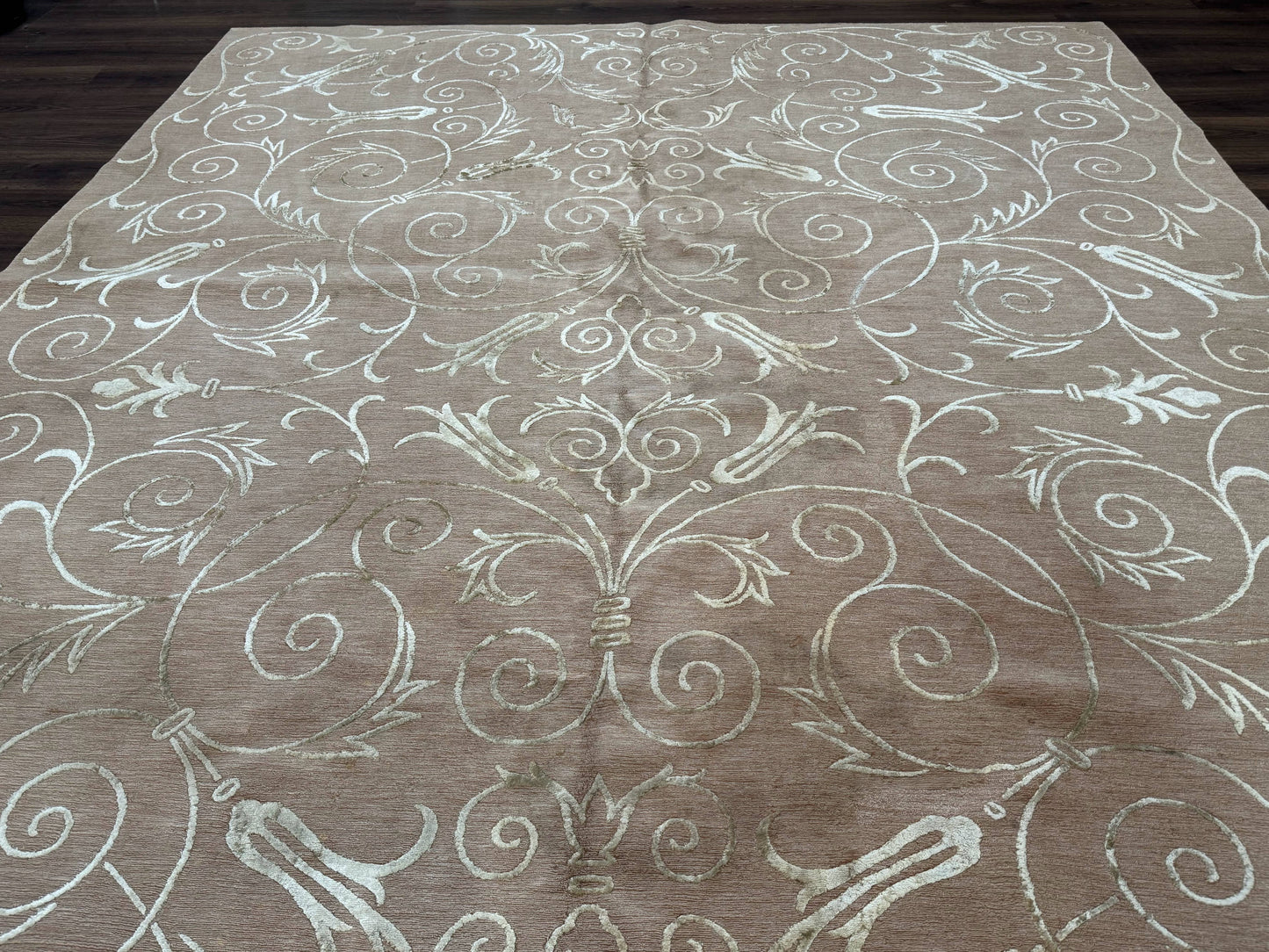 Tibetan Rug Hand Knotted Wool Silk 9x12 Beige Modern Handmade Carpet