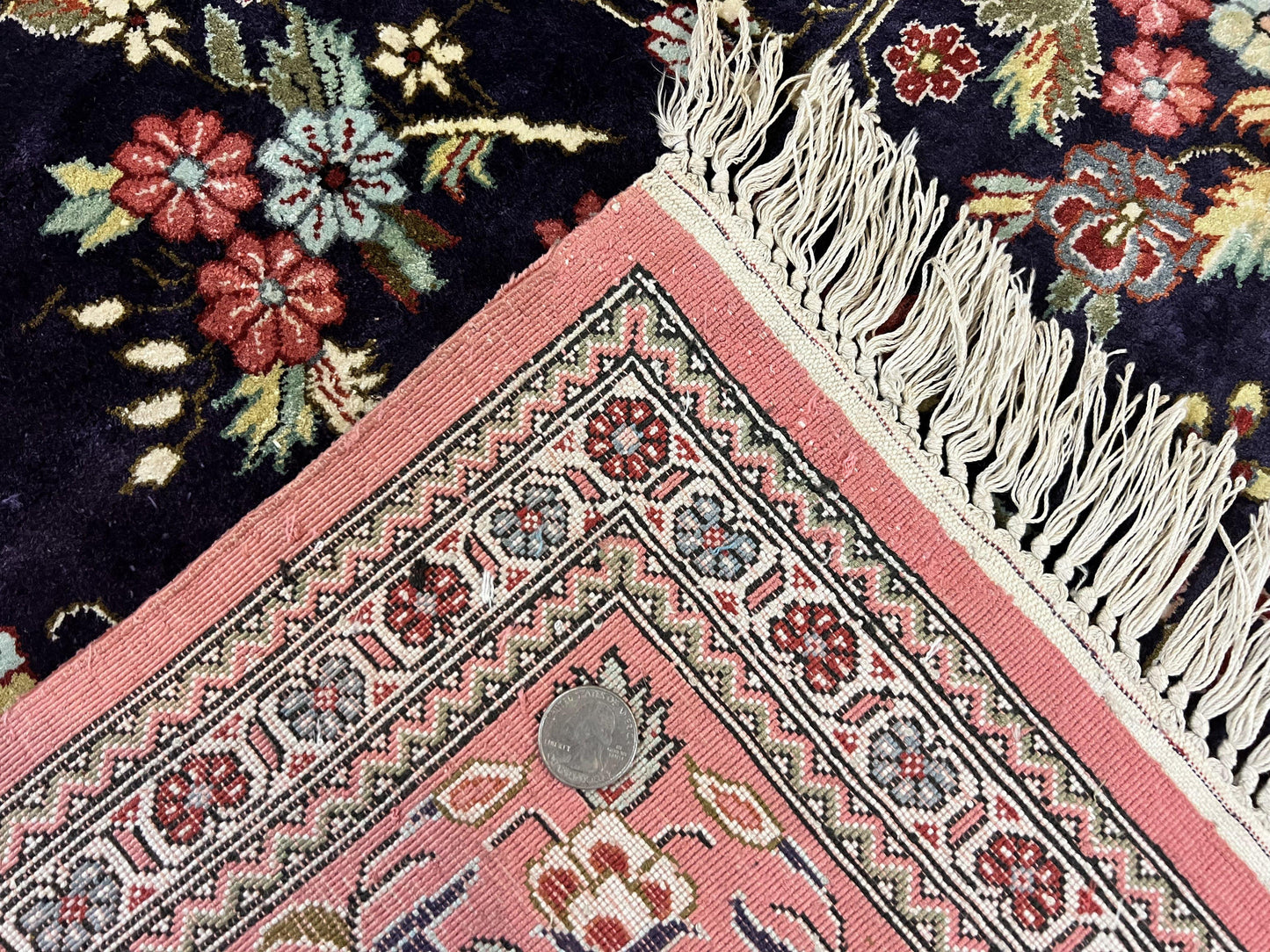 Silk Persian Qum Rug 7x9 Hand Knotted Navy Blue Salmon Floral Medallion Authentic Oriental Carpet