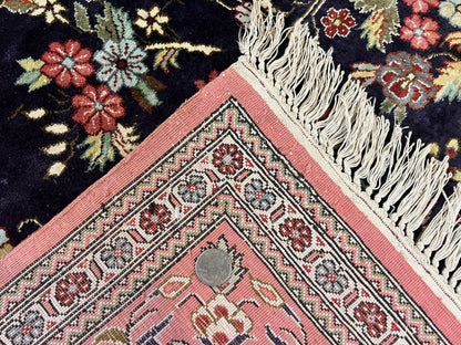 Silk Persian Qum Rug 7x9 Hand Knotted Navy Blue Salmon Floral Medallion Authentic Oriental Carpet