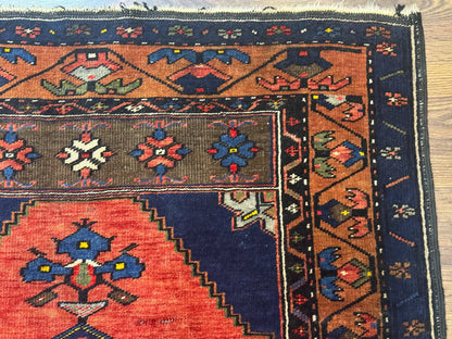 Persian Nahavand Rug 3x6 Geometric Medallion Village Tribal Design In Terracotta And Navy