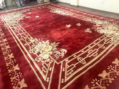 Chinese Wool Rug 12x18 Palace Size Vintage Hand Knotted Red With Butterflies And Flowers