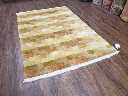 Tibetan Rug 4x6 Modern Abstract Handmade Area Rug With Checkerboard Pattern Ivory Gold Tan