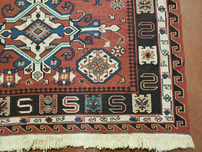 Vintage Russian Kilim Rug Soumak Flat Weave Wool 4x6 Caucasian Handmade 1980s