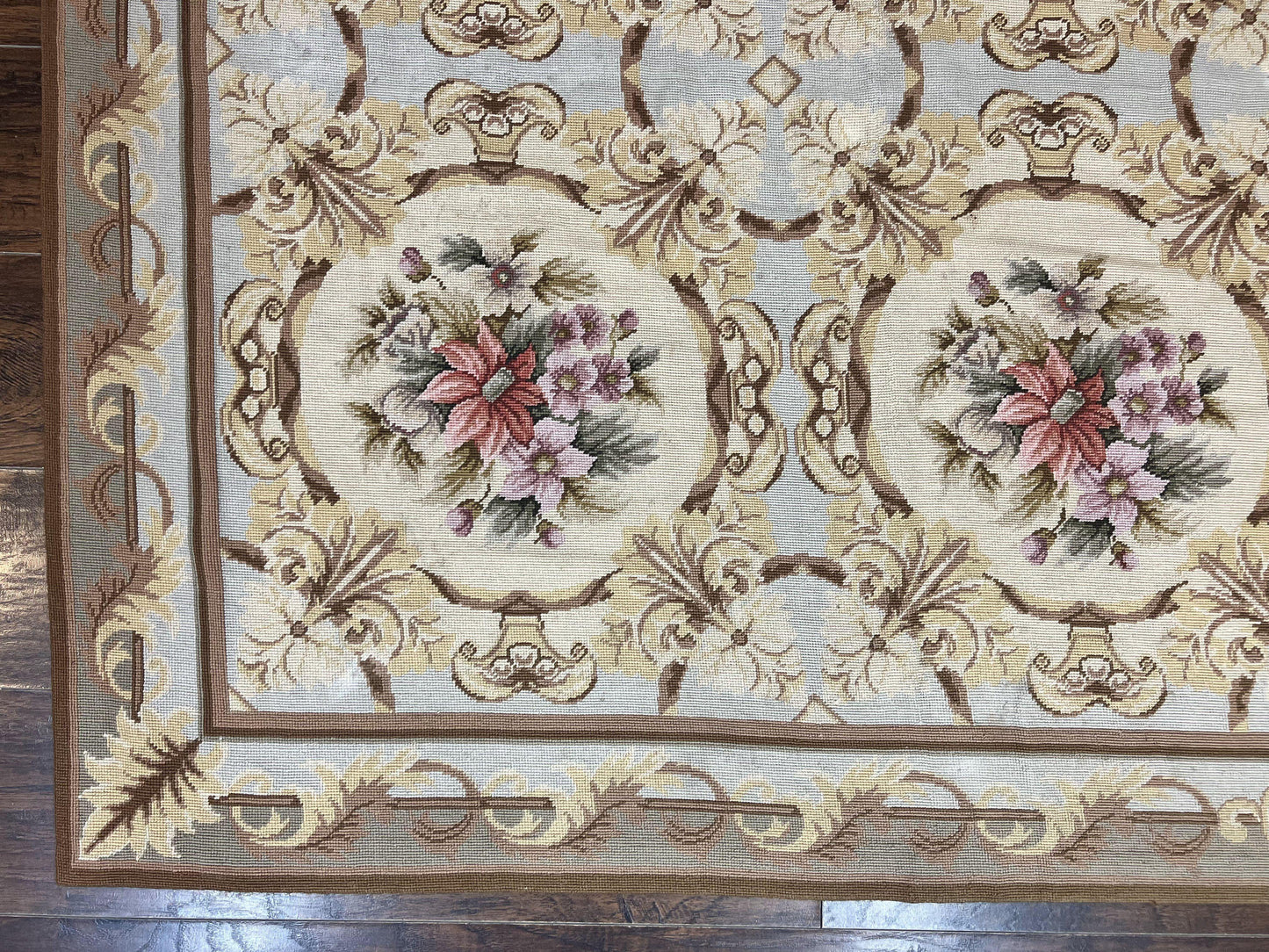 Needlepoint Wool Rug 8x11 Vintage Sky Blue Handmade Carpet