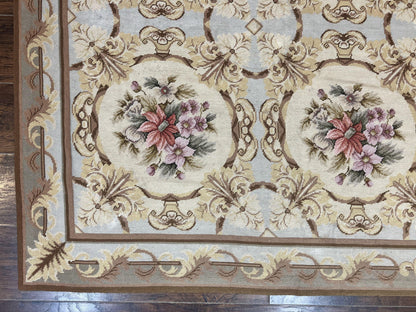 Needlepoint Wool Rug 8x11 Vintage Sky Blue Handmade Carpet