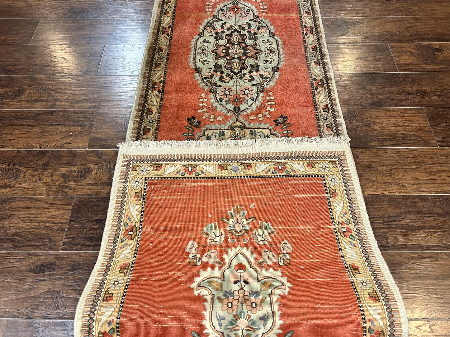 Persian Tabriz Runner Rug 3 x 12, Vintage Hand Knotted Wool Oriental Hallway Carpet, Light Red Beige Tan, Fine Weave, Semi Open Field, Traditional