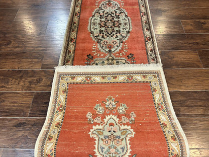 Persian Tabriz Runner Rug 3 x 12, Vintage Hand Knotted Wool Oriental Hallway Carpet, Light Red Beige Tan, Fine Weave, Semi Open Field, Traditional