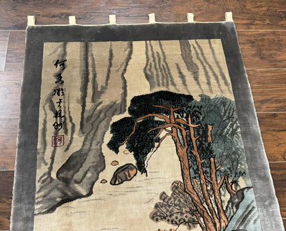 Chinese Silk Wall Hanging Hand Knotted 3x5 Feet River And Boat Scene Rug Tapestry For Home Decor