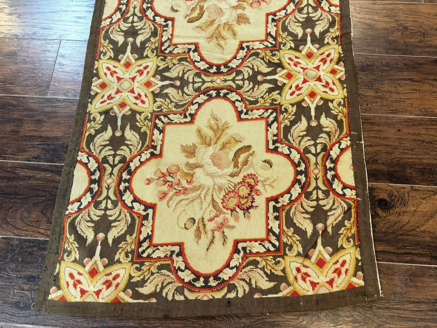 Needlepoint Runner Rug 2.7 x 9.7, European French Design, Wool, Handmade, Vintage