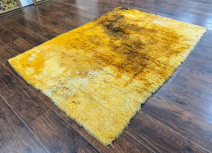 Rya Shag Rug Vintage 4.6 X 6 Yellow Mid Century Carpet For Living Room