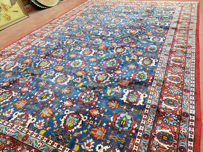 Rare Antique Persian Veramin Carpet, Mina-Khani Pattern, Blue, Red, Ivory, 7x11 ft, Hand-Knotted, Wool