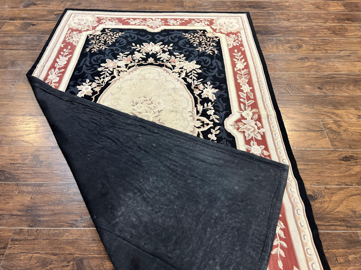 Needlepoint Rug 5x8 Wool Handmade Vintage European Aubusson Flatweave Rug Black and Maroon