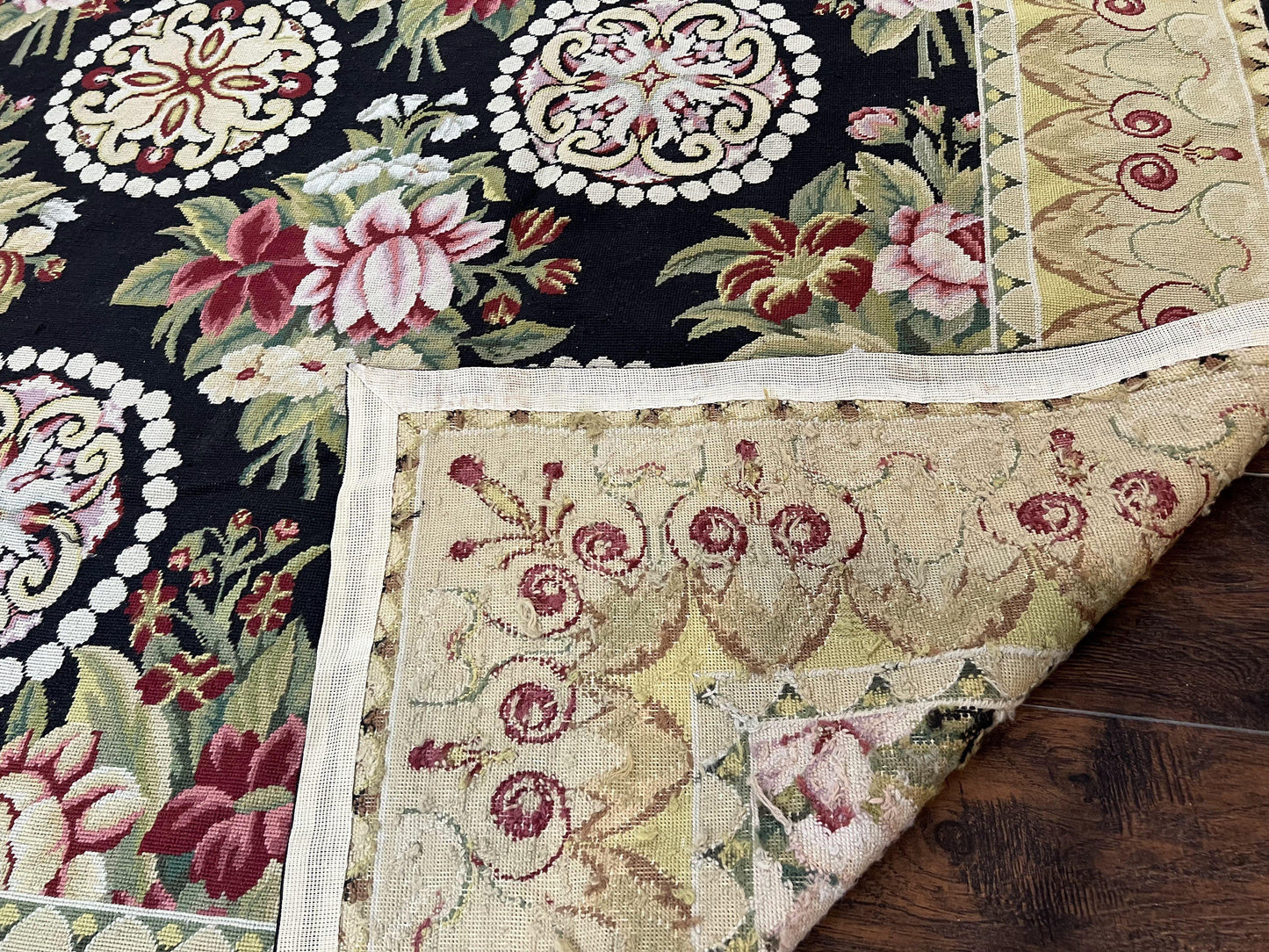 Black Wool Needlepoint Rug 9x12 Handwoven European Floral Panel Design Vintage Chinese