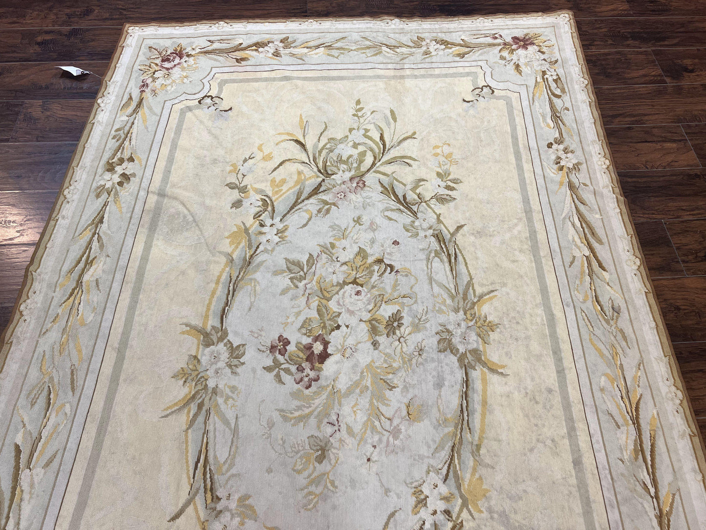 Needlepoint Rug 6x9, Elegant European Design Aubusson Carpet, Vintage Wool Handmade Rug, Light Yellow Ivory