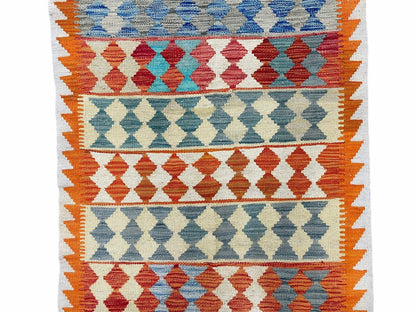 Small Chobi Kilim Rug 3x4 Colorful Diamond Kilim Small Turkish Multicolor Kilim with Diamond Pattern Wool Flatweave Nice