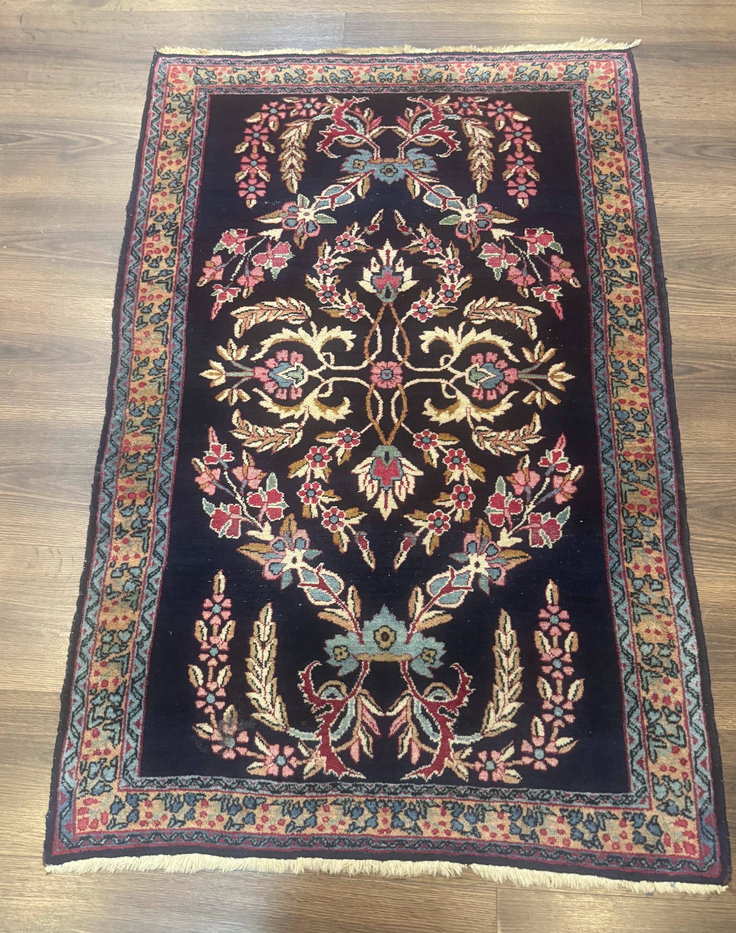 Persian Kerman Rug Antique Navy Blue Floral 2 Ft 8 In By 4 Ft Hand Woven