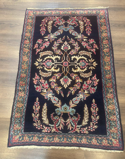 Persian Kerman Rug Antique Navy Blue Floral 2 Ft 8 In By 4 Ft Hand Woven