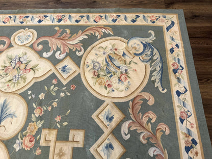 Aubusson Rug 9x12 Muted Sage Green Cream European Design Handwoven Wool