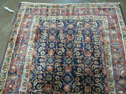 Antique Indian Floral Wool Runner Rug Handmade Oriental Blue 3ft7in X 10ft