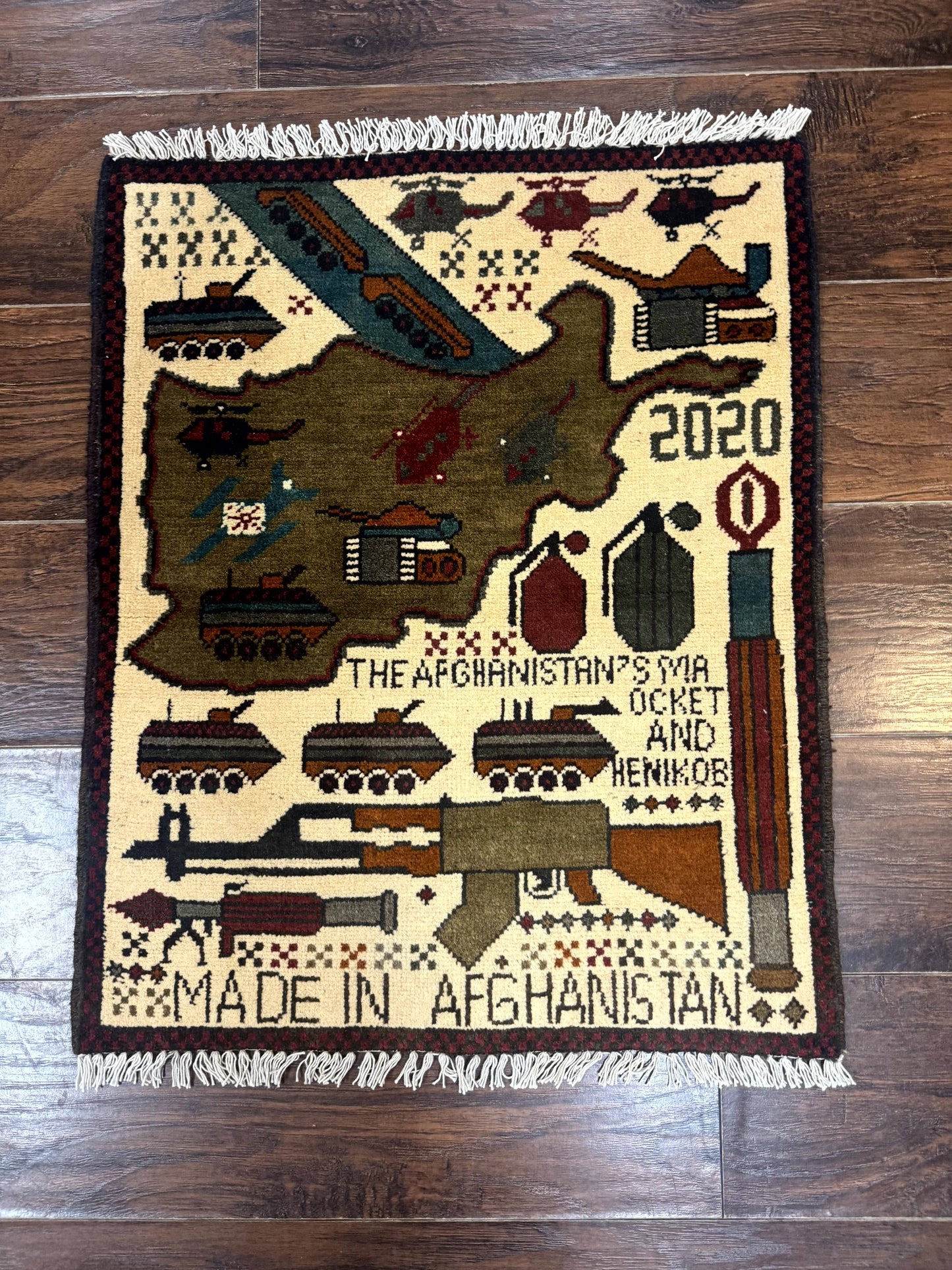 Afghan War Rug Handmade Wool With Helicopters And Tanks Decor