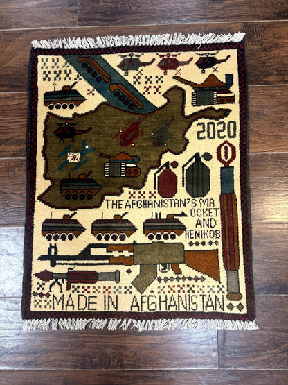 Afghan War Rug Handmade Wool With Helicopters And Tanks Decor