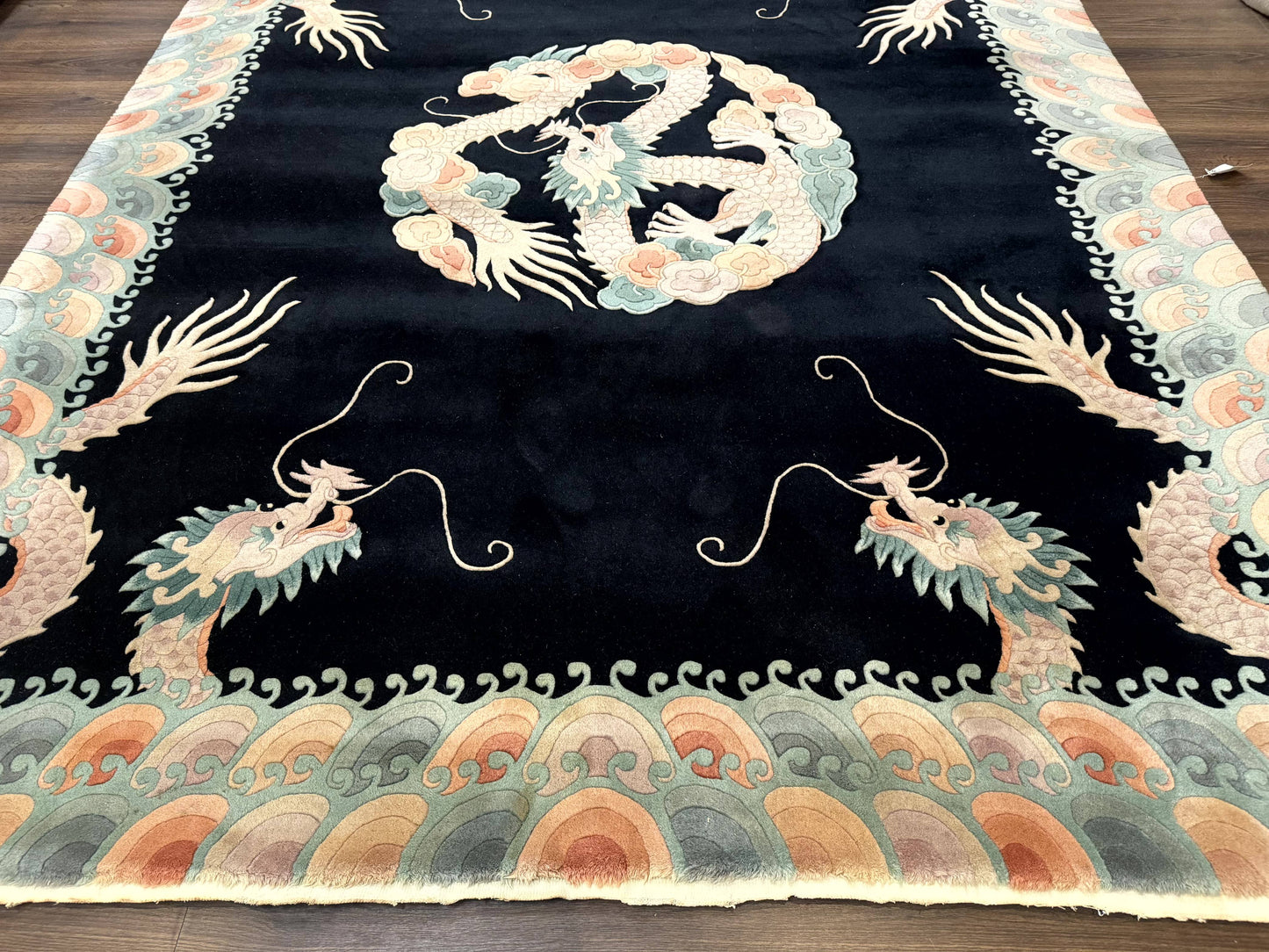 Black Chinese Wool Rug 8x10 Hand Knotted Dragons With Rainbow Borders