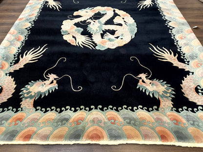Black Chinese Wool Rug 8x10 Hand Knotted Dragons With Rainbow Borders