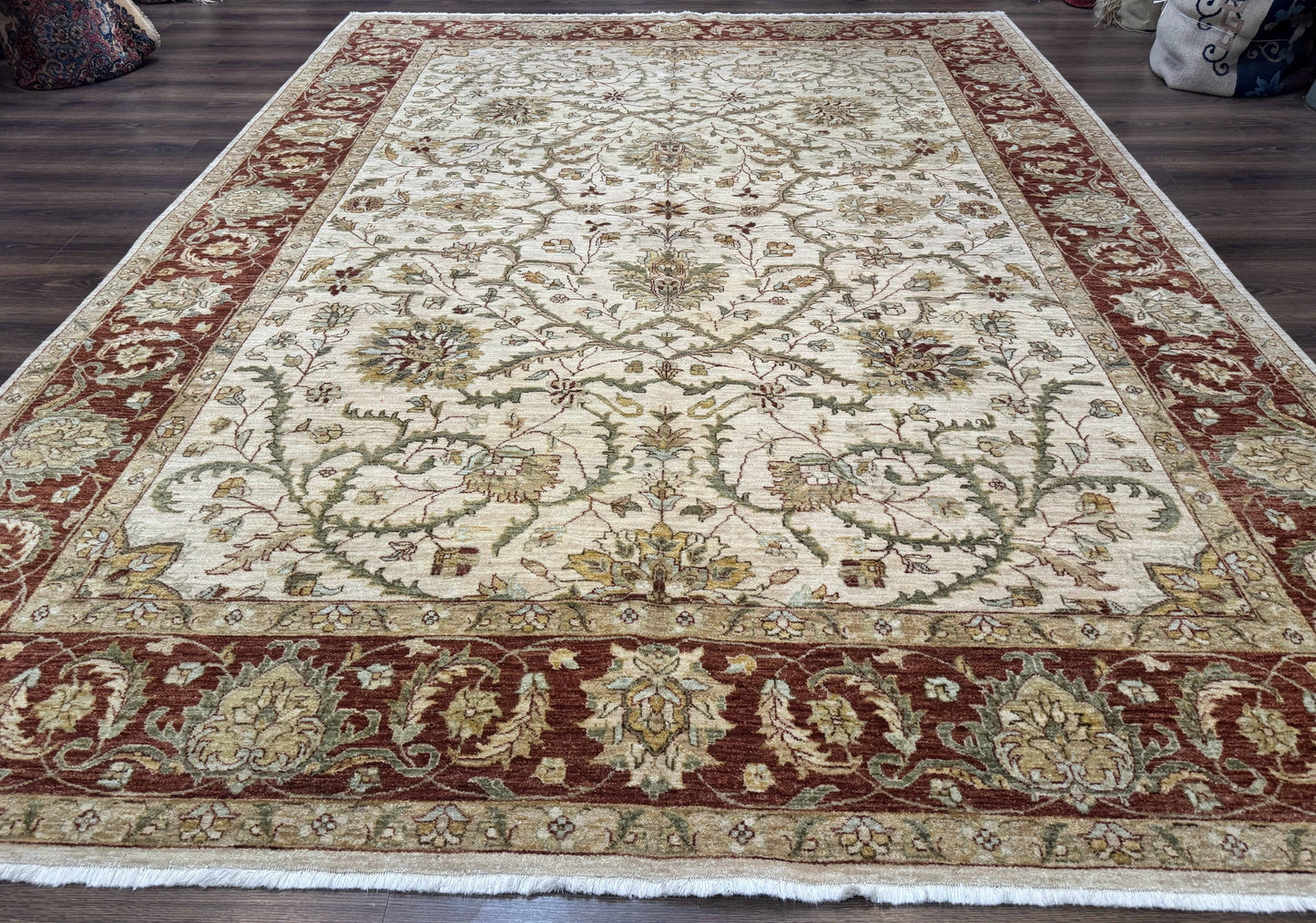 Peshawar Rug Floral Wool 9x12 Hand Knotted Pakistani Carpet Beige And Rust