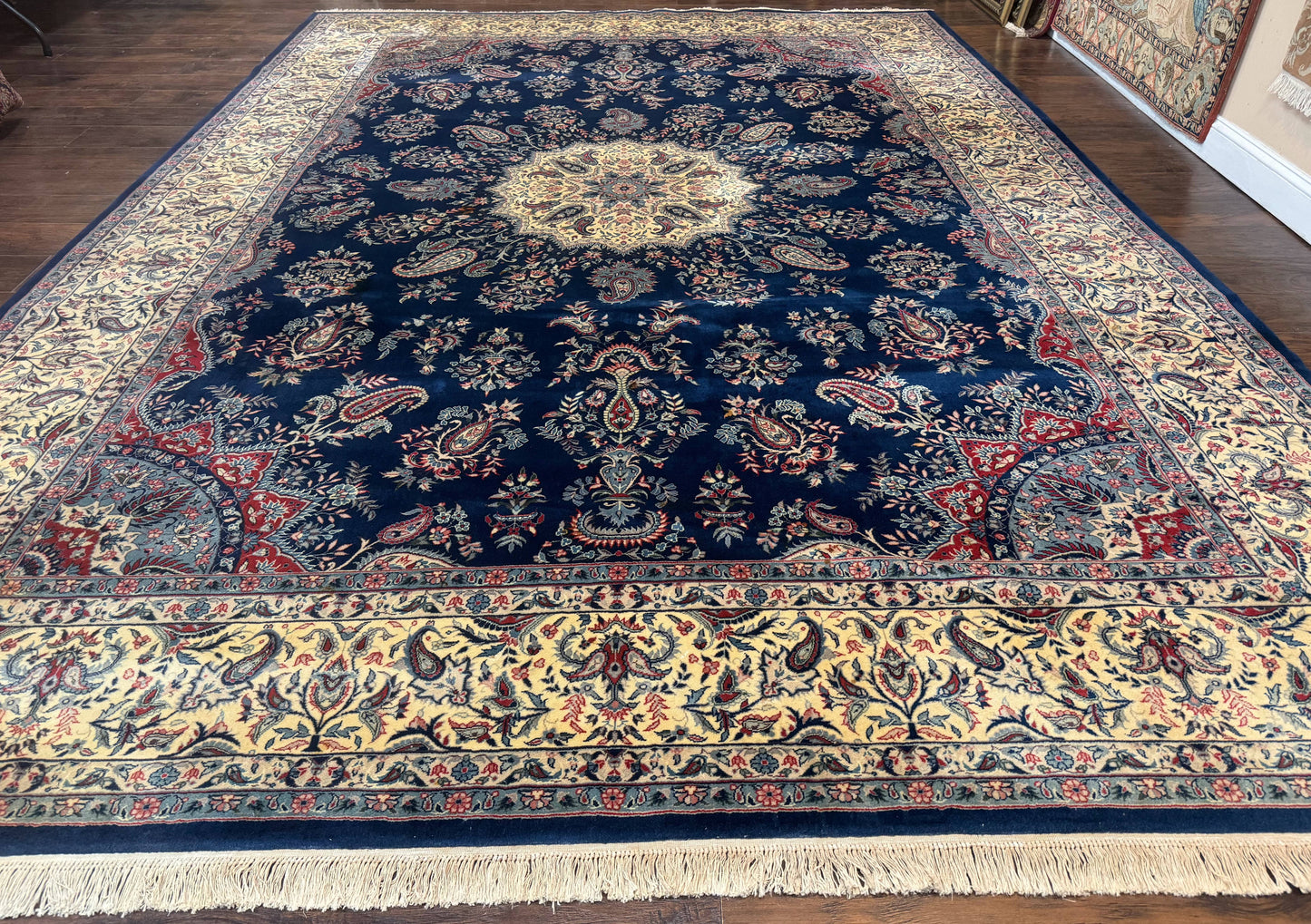 Persian Kerman Rug 10x14 Wool Floral Medallion Handmade Blue And Beige
