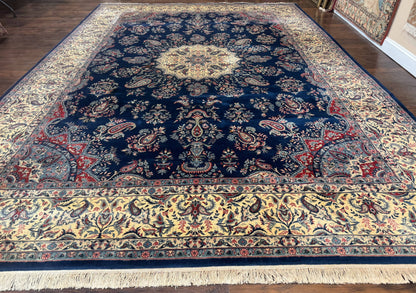 Persian Kerman Rug 10x14 Wool Floral Medallion Handmade Blue And Beige