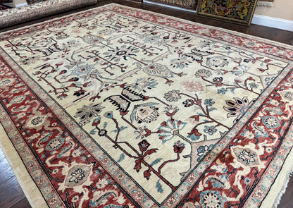 Peshawar Rug 10x14 Beige And Rust Red Hand Knotted Wool Pakistani Rug