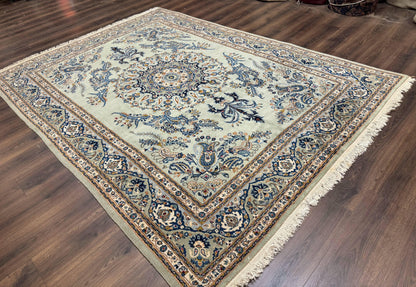 Persian Kashan Rug 7x10 Handmade Wool Light Green Blue Vintage Carpet
