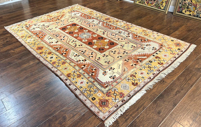 Turkish Hand Knotted Wool Rug 7x10 Vintage Kazak Geometric Pattern