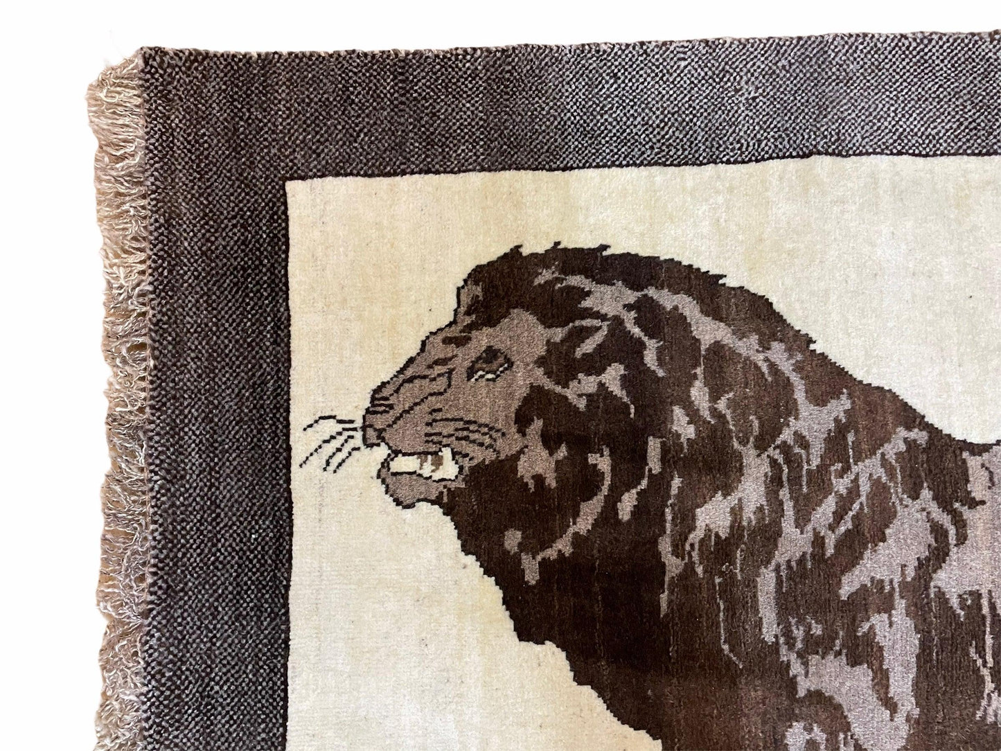 Handmade Lion Rug 3x5 Wool Hand Knotted Brown Beige Vintage Quality