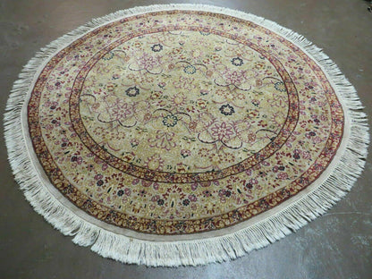 Handmade Indian Wool Rug 6ft Round Silk Accent Carpet With Rich Colors