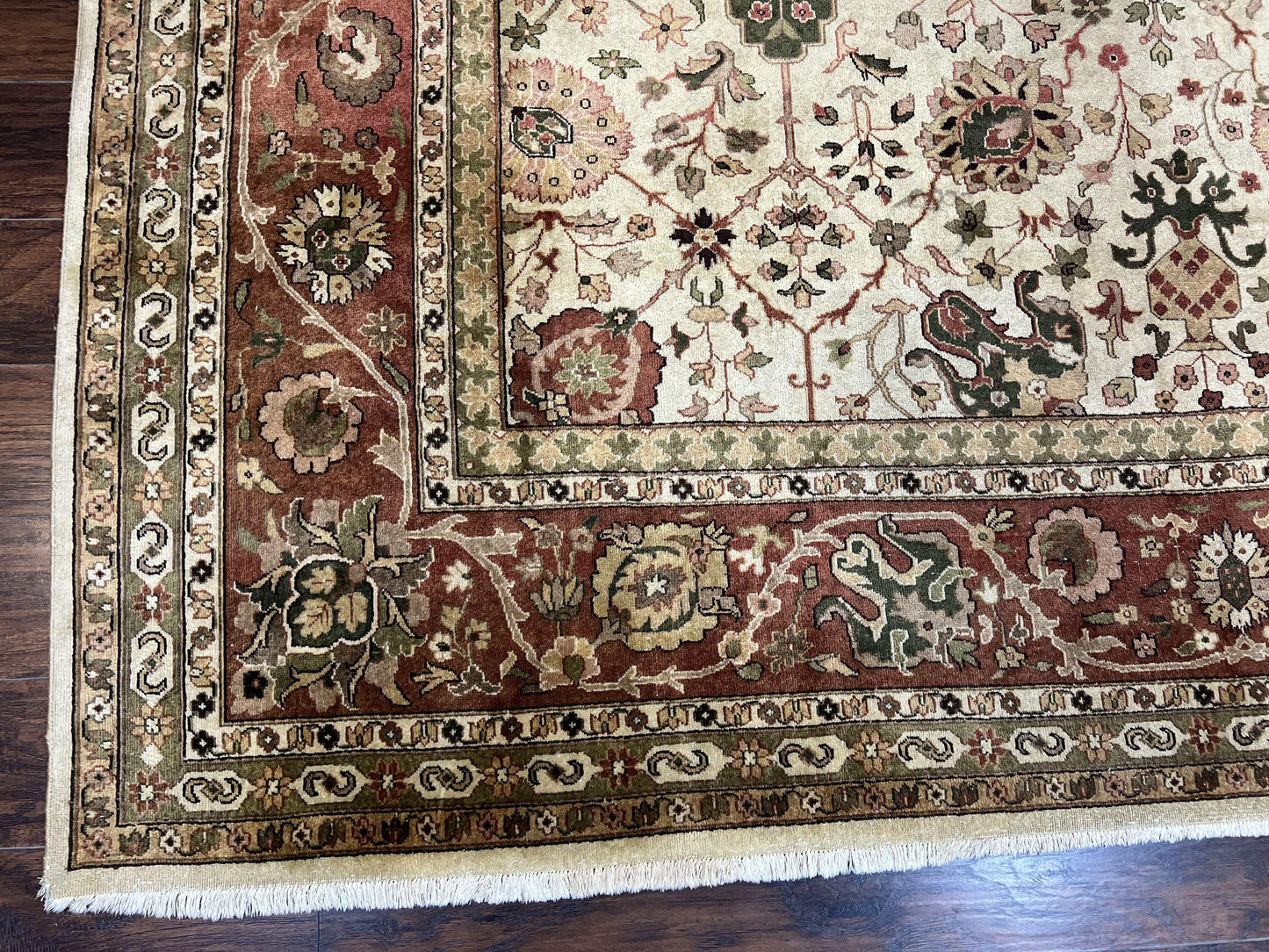 Large Indian Rug 10x14, Hand Knotted Indo Persian Gandehar Oriental Carpet, Vintage Wool Rug 10 x 14 ft Cream Red Floral Allover Traditional