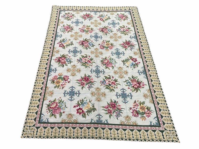 Hand-Knotted Needlepoint Carpet 6x9, Ivory/Cream Background, Colorful Flowers, Yellow Border, Aubusson Rug 6 x 9, New, Handmade
