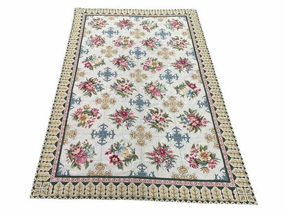 Hand-Knotted Needlepoint Carpet 6x9, Ivory/Cream Background, Colorful Flowers, Yellow Border, Aubusson Rug 6 x 9, New, Handmade