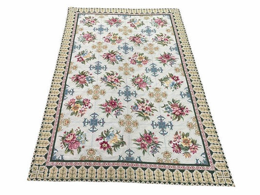 Hand-Knotted Needlepoint Carpet 6x9, Ivory/Cream Background, Colorful Flowers, Yellow Border, Aubusson Rug 6 x 9, New, Handmade