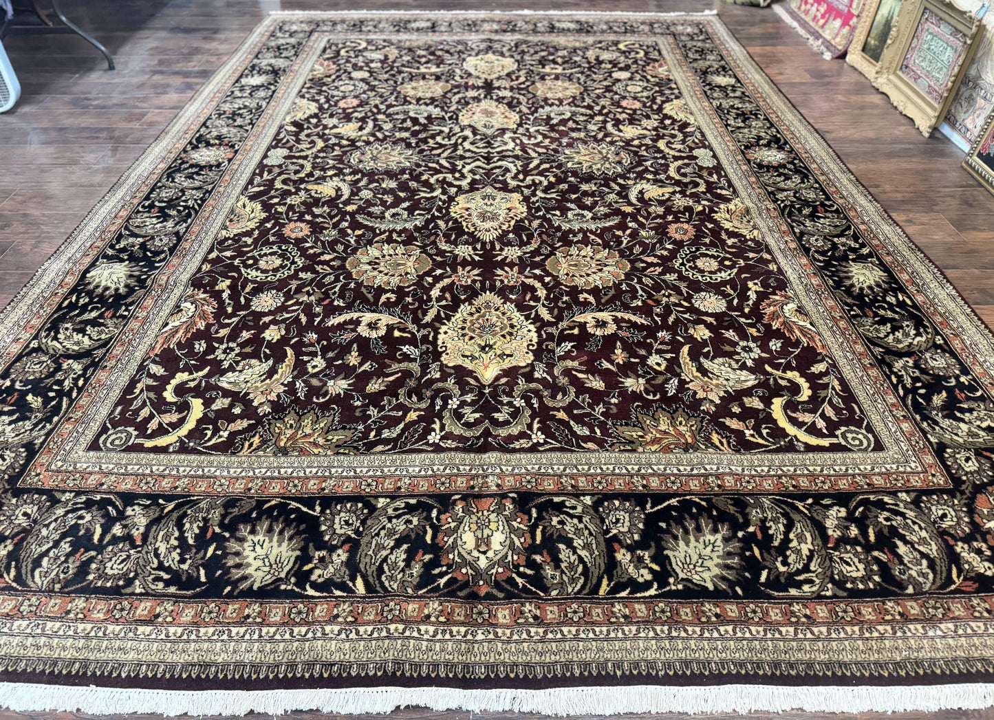 Indo Persian Rug 10x14 Handmade Wool Floral Allover Vintage Dark Maroon Plum Black