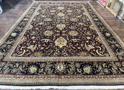 Indo Persian Rug 10x14 Handmade Wool Floral Allover Vintage Dark Maroon Plum Black