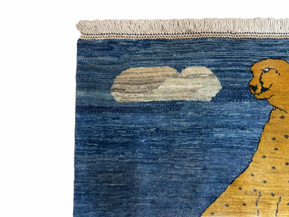 Handmade Wool Rug Lion Scene Vintage Blue 3x5 Hand Knotted