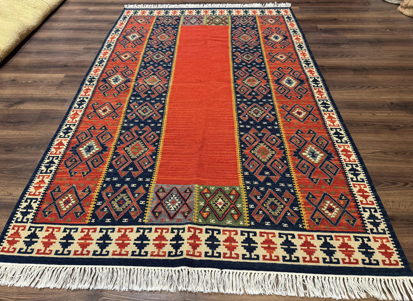 Turkish Kilim Rug 5x8 Handmade Flatweave Bohemian Carpet Terracotta Navy