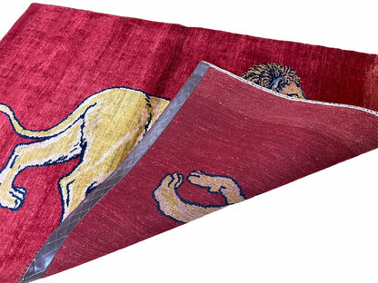 Handmade Wool Rug 3x5 Hand Knotted Pictorial Lion Rug With Red Organic Dyes