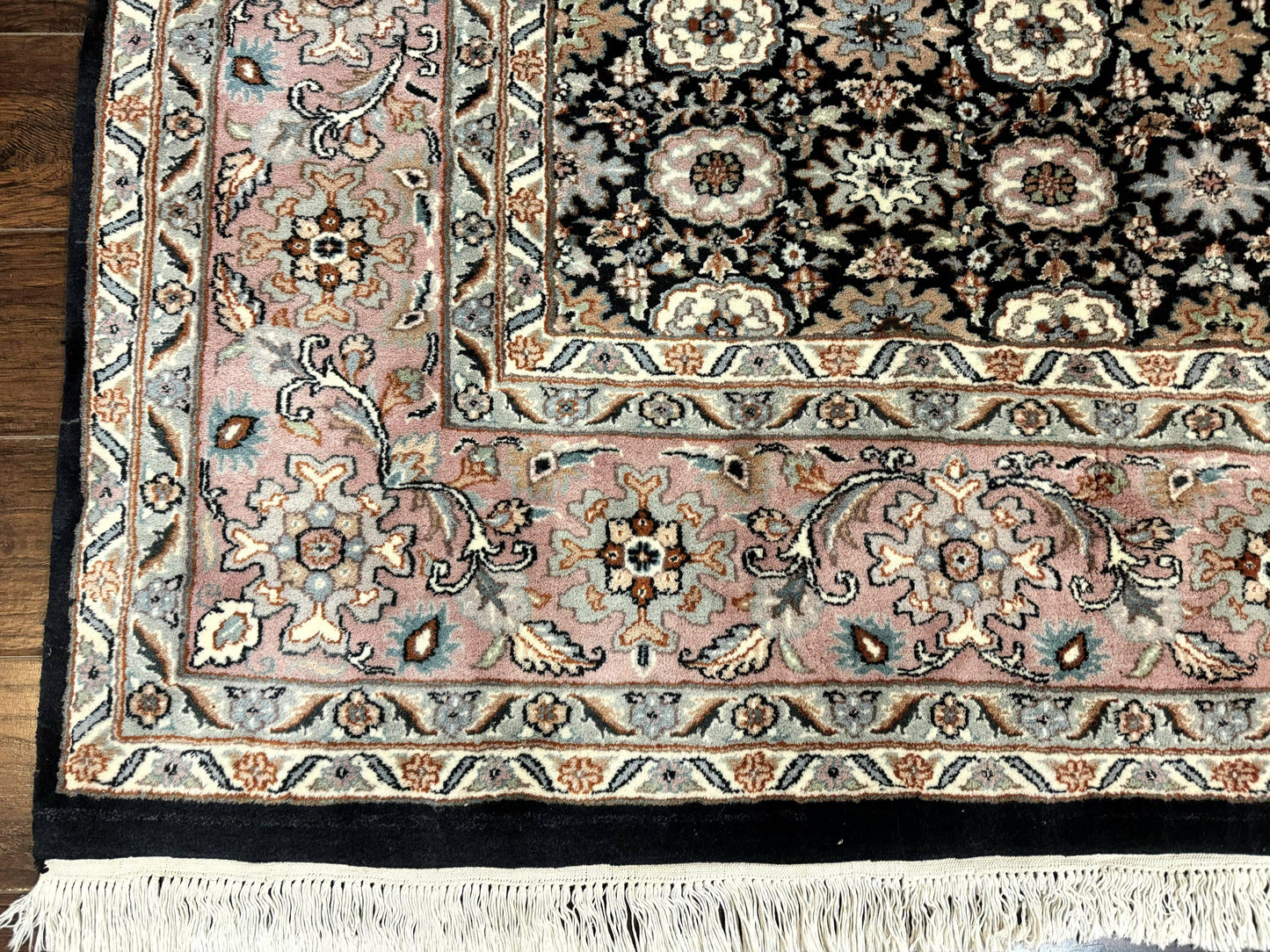 Indo Persian Rug 9x12, Vintage Handmade Wool Carpet, Repeated Allover Motif, Navy Blue and Pink