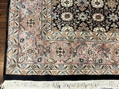 Indo Persian Rug 9x12, Vintage Handmade Wool Carpet, Repeated Allover Motif, Navy Blue and Pink