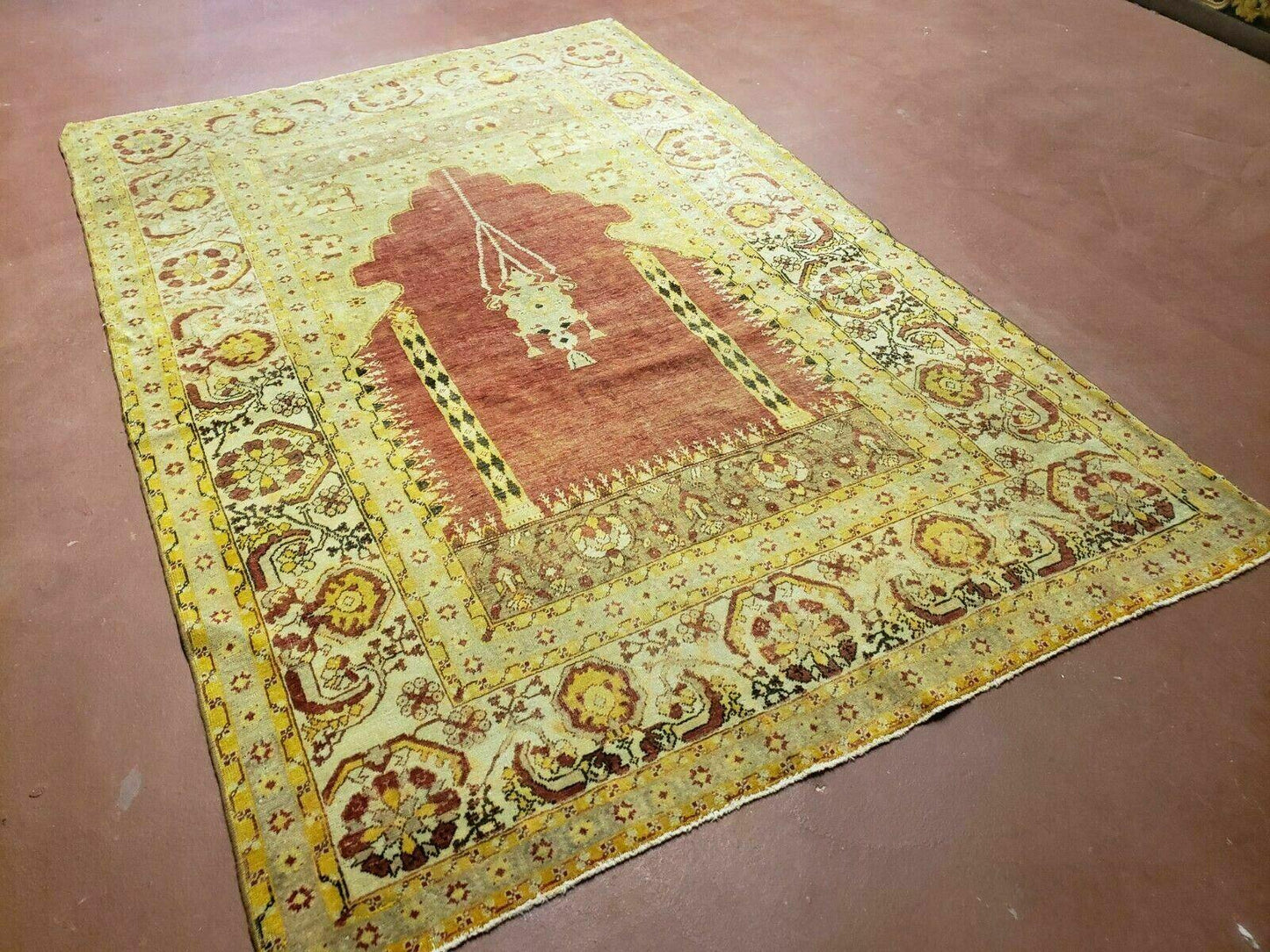 Antique Turkish Oushak Rug Open Field Medallion Prayer Wool 53 By 81
