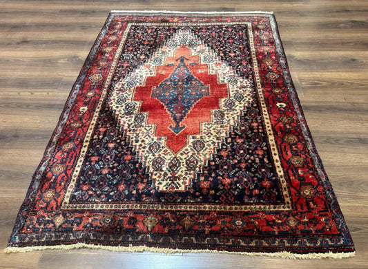 Senneh Rug Antique Persian Kurdish 4x5 Wool Geometric Medallion Carpet