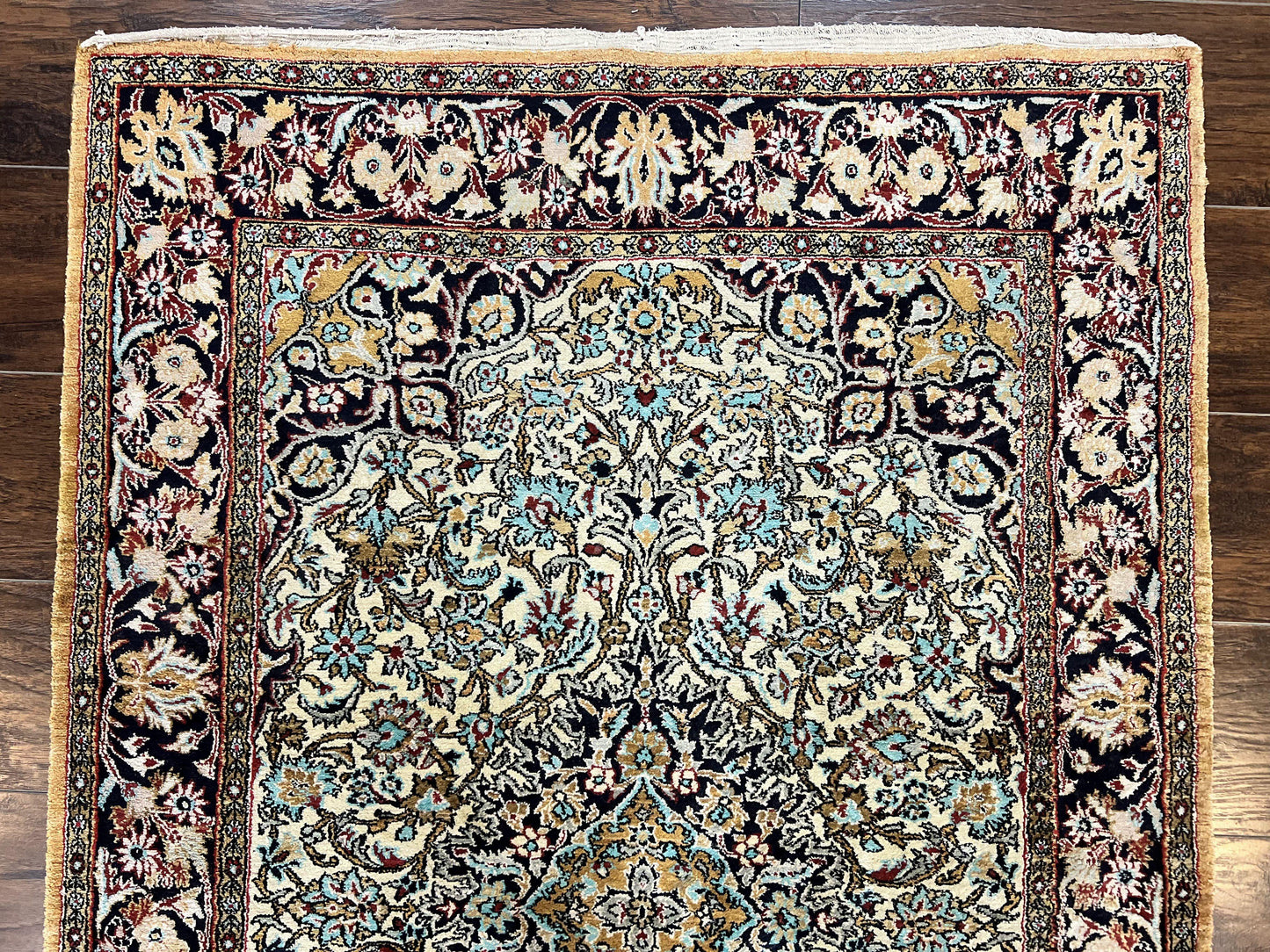 Silk Persian Qum Rug 4x5, Hand Knotted Vintage Carpet, Cream & Navy Blue, Silk Pile on Silk Foundation, Very Fine 360 KPSI
