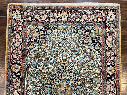 Silk Persian Qum Rug 4x5, Hand Knotted Vintage Carpet, Cream & Navy Blue, Silk Pile on Silk Foundation, Very Fine 360 KPSI